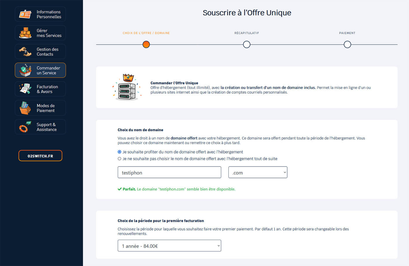 Souscription hébergement web o2switch